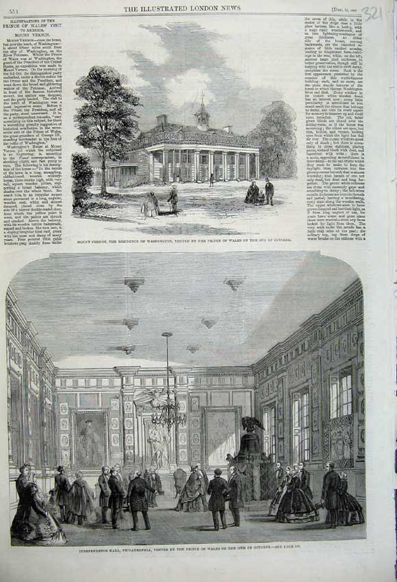 Old Antique Print 1860 Mount Vernon Washington Independence Hall America 19th