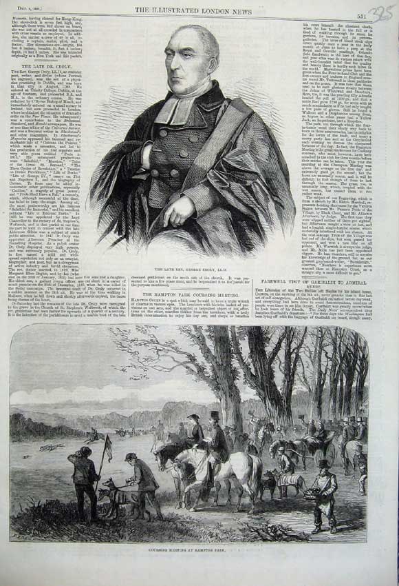 Old Antique Print 1860 Rev George Croly Hare Coursing Meting Hampton Park 19th