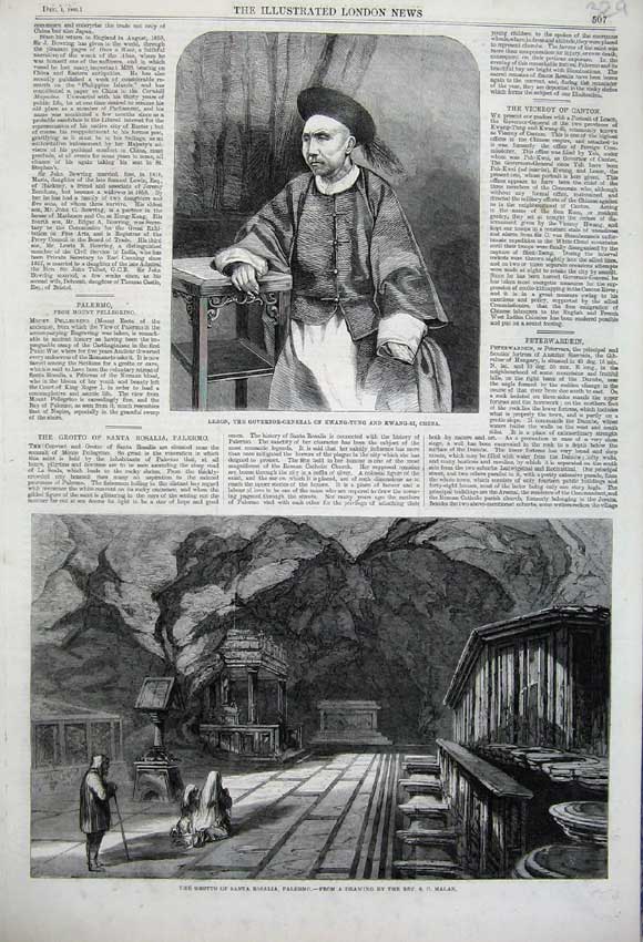 Original Old Antique Print 1860 Leaon Kwang-Tung Grotto Santa Rosalia Palermo