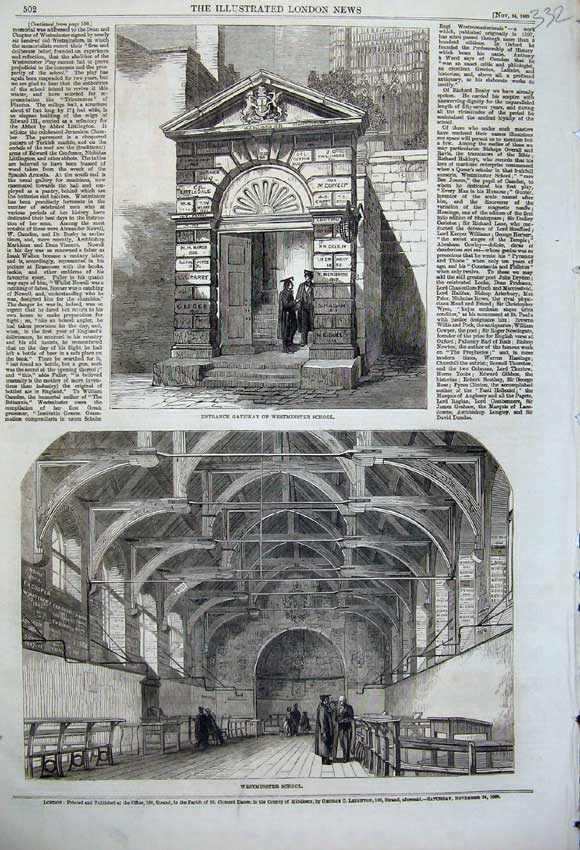 Original Old Antique Print 1860 Gateway Westminster School Interior Teachers