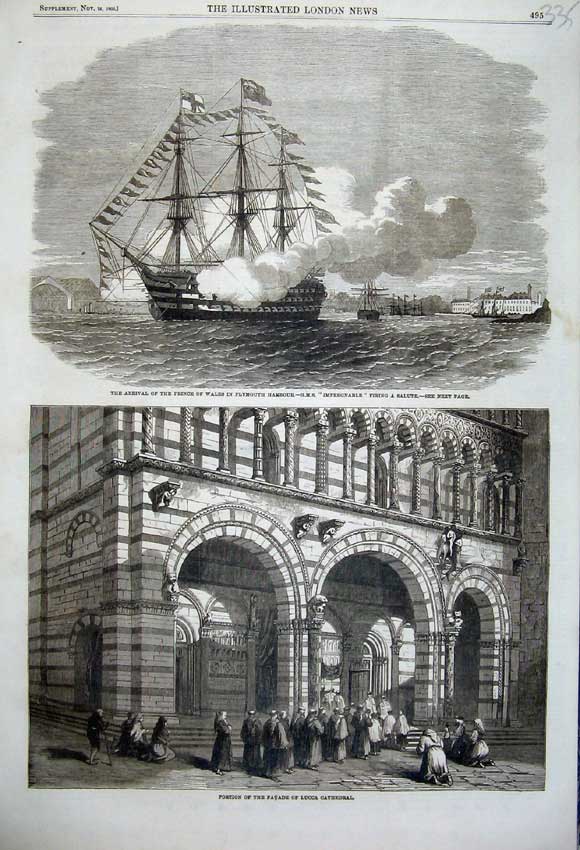 Old Antique Print 1860 Prince Plymouth Impregnable Ship Cathedral Lucca 19th