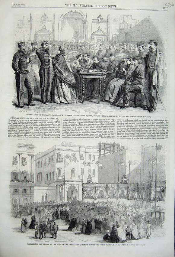 Old Antique Print 1860 Garibaldi'S Medals Naples Vote Annexation Palace 19th