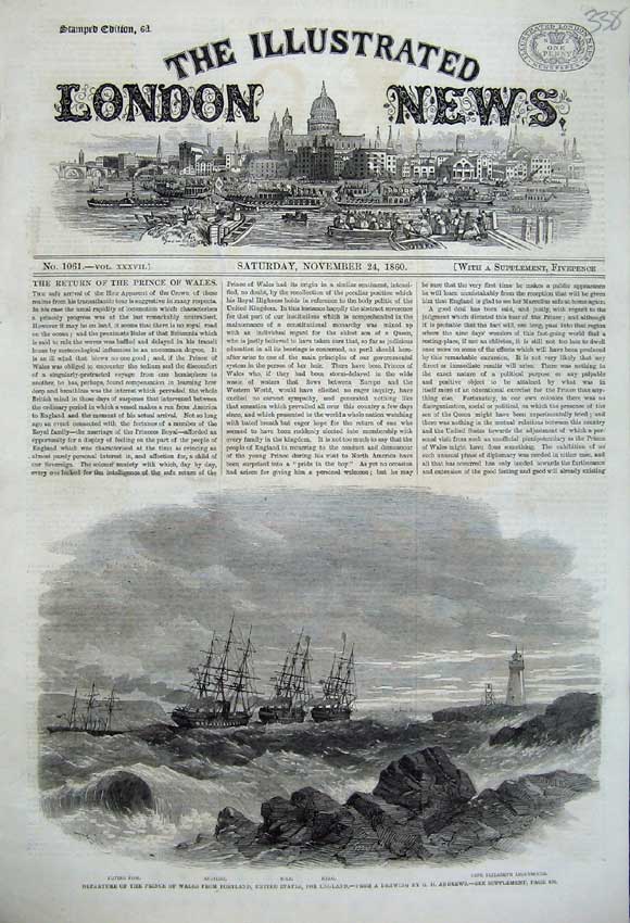 Old Antique Print 1860 Ship Flying Fish Ariadne Hero Elizabeth Lighthouse 19th