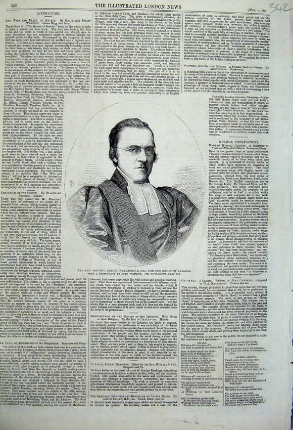 Original Old Antique Print 1860 Portrait Rev Samuel Waldegrave Bishop Carlisle