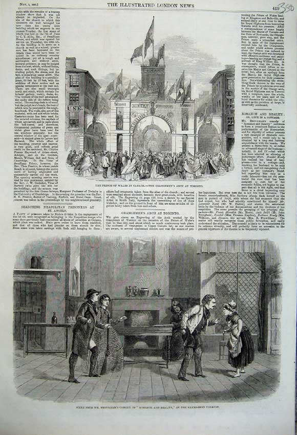 Original Old Antique Print 1860 Orangemens Arch Toronto Canada Theatre Brougham