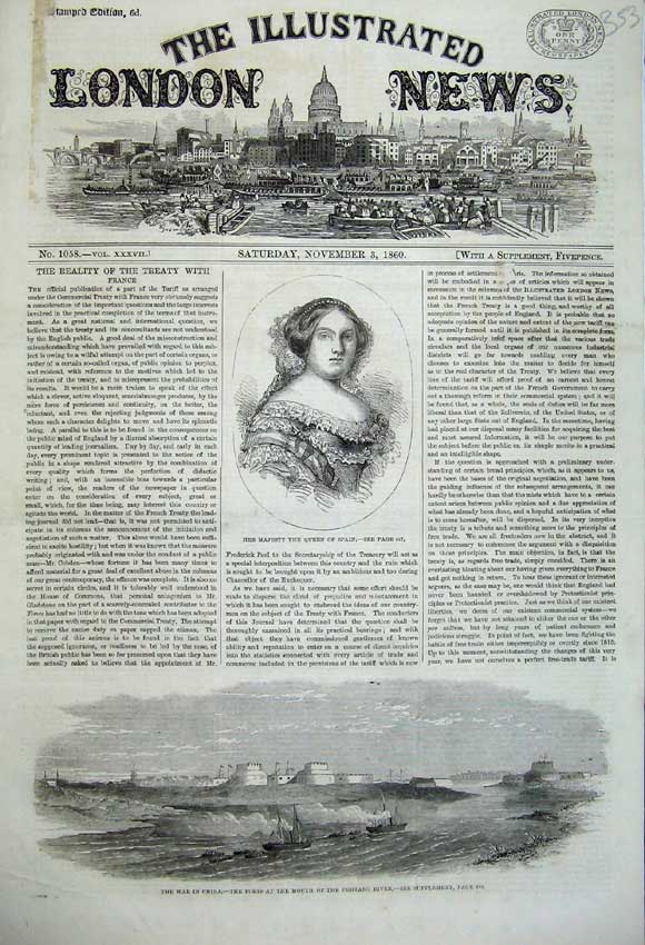 Original Old Antique Print 1860 Queen Spain War China Forts Pehtang River Ships