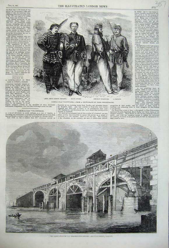 Old Antique Print 1860 Garibaldi Volunteers Westminster Bridge Demolition 19th