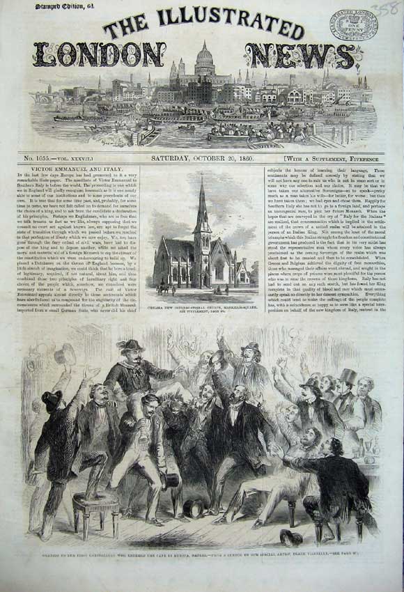 Old Antique Print 1860Ovation Garibaldi CafÇ Europa Naples Church Chelsea 19th