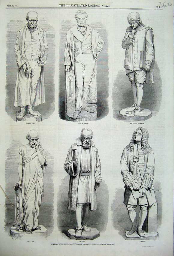 Old Antique Print 1860 Statues Oxford University Museum Newton Watt Davy 19th
