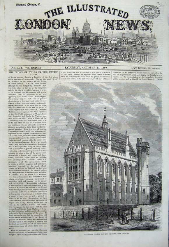 Original Old Antique Print 1860 View Inner Temple New Law Library Architecture