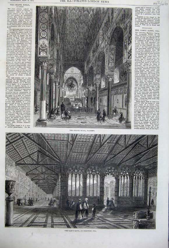 Original Old Antique Print Chapel Royal Palermo 1860 Campo Santo Cemetery Pisa