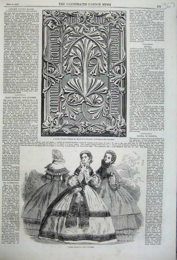Original Old Antique Print 1860 Book Cover Ceramic Papier-Mache Paris Fashions