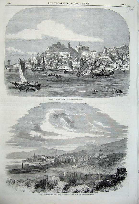 Original Old Antique Print 1860 Ancona Papal States Yachts Corsica View Bastia
