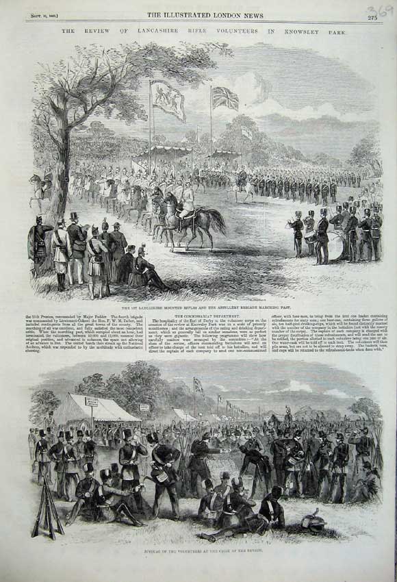 Antique Old Print *0149 1860 Review Lancashire Rifle Volunteers Knowsley Park
