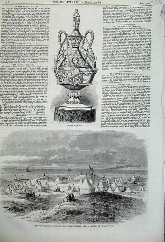 Original Old Antique Print 1860 Doncaster Cup Volunteer Camp Crosby Liverpool