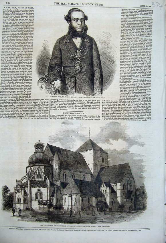 Original Old Antique Print 1860 Portrait Pearson Mayor Hull Cathedral Drontheim