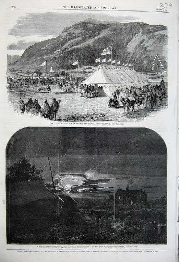 Original Old Antique Print 1860 Camp Conway Llanrwst Railway Harvest Moon Art