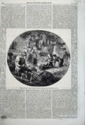 Original Old Antique Print 1860 Country Scene Graveyard Family Trees Children