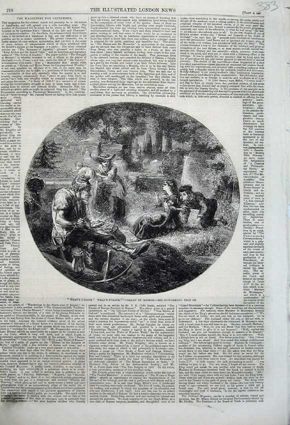 Original Old Antique Print 1860 Country Scene Graveyard Family Trees Children