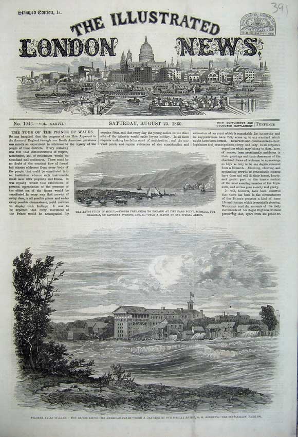 Old Antique Print 1860 Sicily Troops Faro Messina Niagara Falls Village 19th