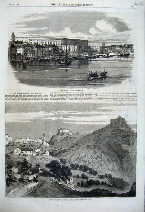 Old Antique Print 1860 Royal Palace Stockholm Ship Boat Sicily Calatafimi 19th