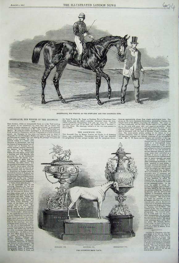 Original Old Antique Print 1860 Sweetsauce Horse Goodwood Race Plate Stewards