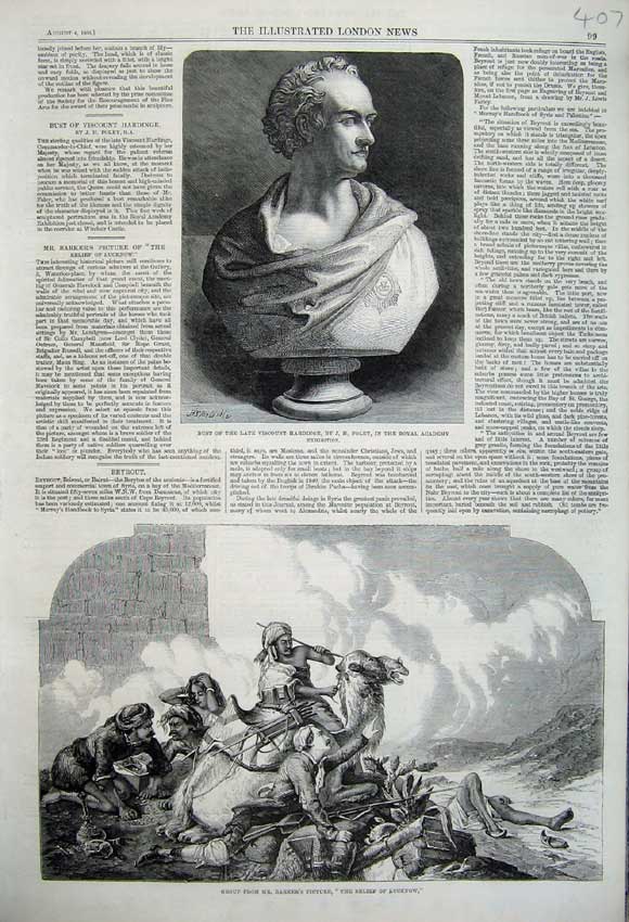 Original Old Antique Print Bust Viscount Hardinge 1860 Relief Lucknow War Camel
