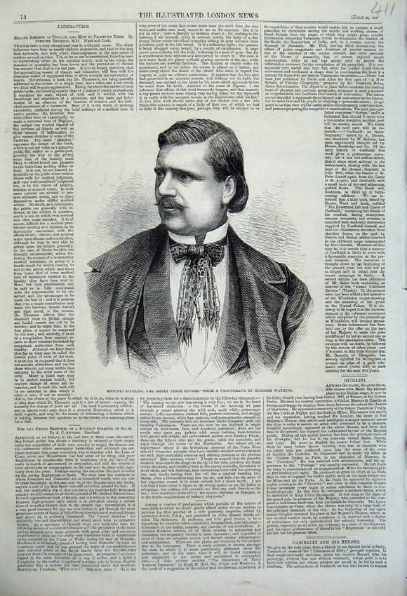 Original Old Antique Print Portrait Antonio Giuglini Tenor Singer 1860 Watkins
