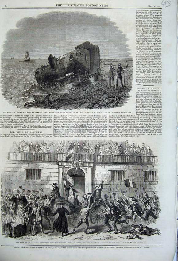 Original Old Antique Print 1860 Railway Train Granton Scotland Castellamare War