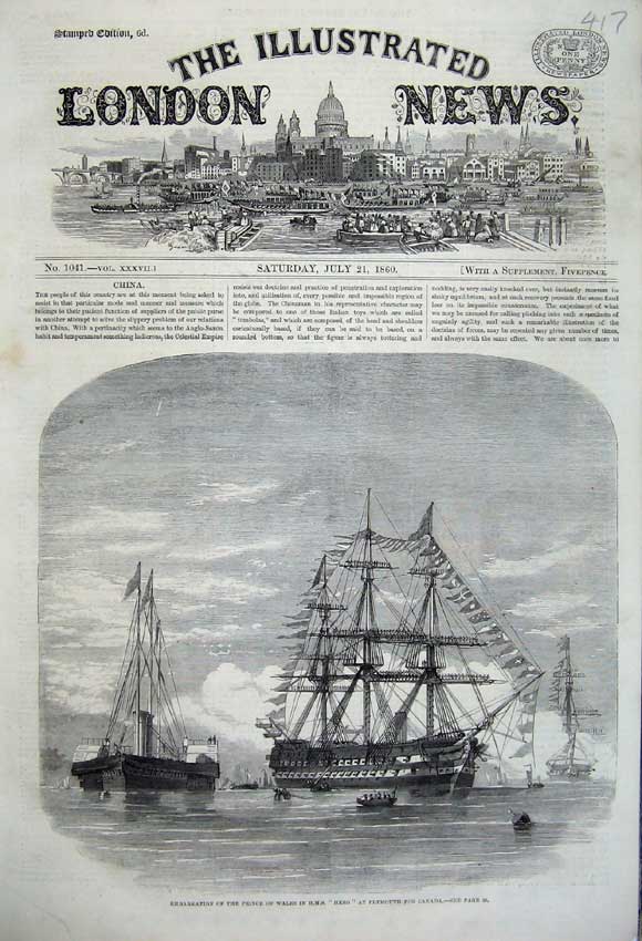 Old Antique Print 1860 Prince Wales H.M.S Hero Plymouth Sailing Ship Boat 19th