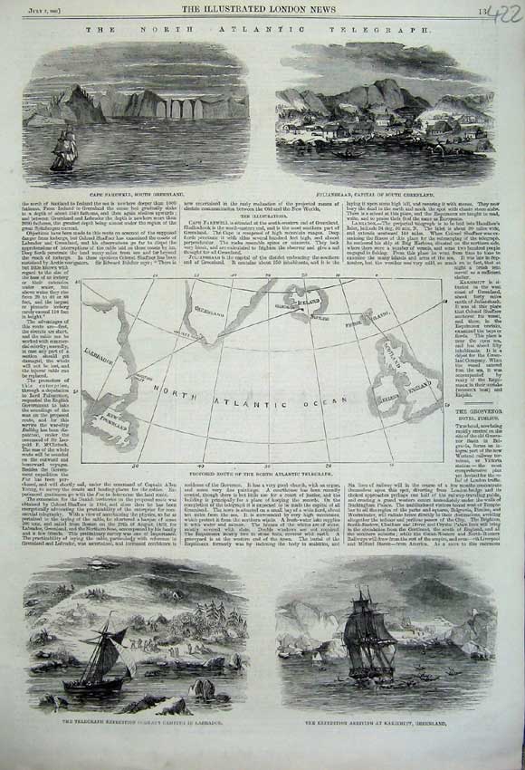Old Antique Print 1860 Atlantic Telegraph Julianshaab Cape Farewell Ships 19th