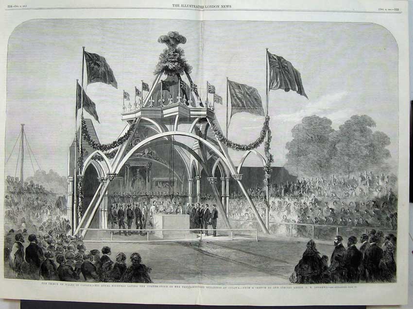 Antique Old Print 1860 Prince Wales Canada Parliamentary Buildings Ottawa 19th