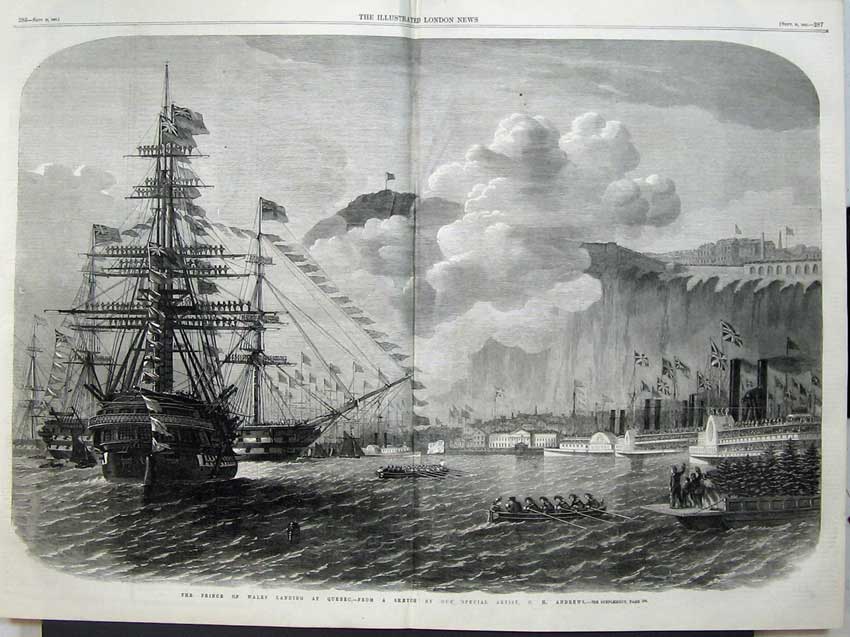 Antique Old Print 1860 Prince Wales Sail Ship Landing Quebec Canada Flags 19th
