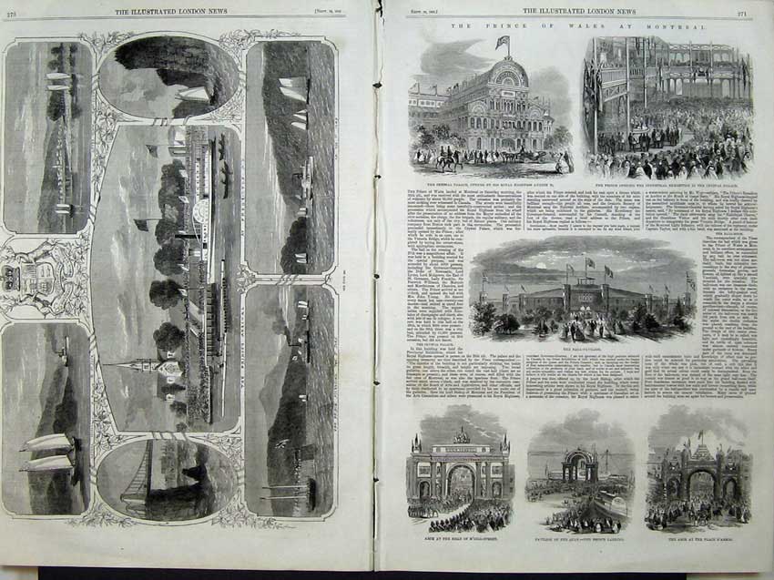 Original Old Antique Print 1860 Prince Wales Canada Pavillion Arch Ship Yacht