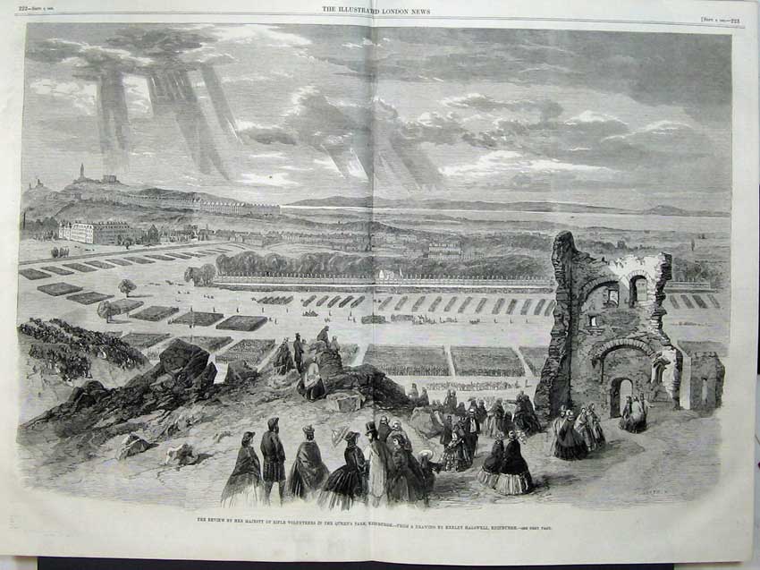 Original Old Antique Print 1860 Queen Rifle Volunteers Queens Park Edinburgh
