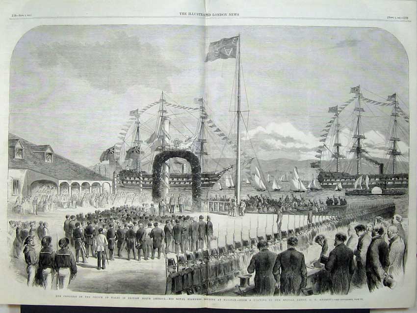 Antique Old Print 1860 Prince Wales North America Halifax Ships Army Flag 19th