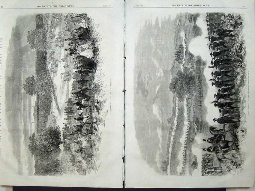 Antique Old Print 1860 Volunteer Sham Fight Camden Park Battle Horses Men 19th