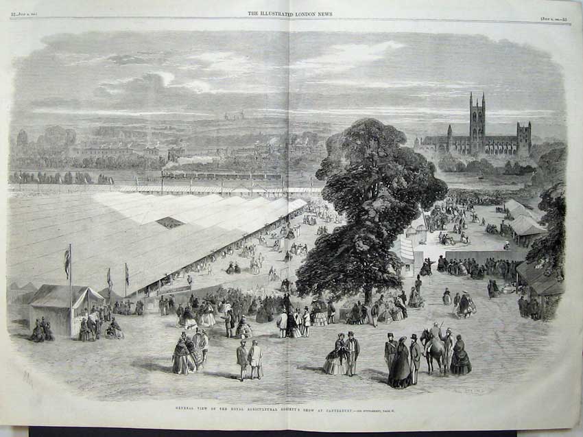 Original Old Antique Print 1860 View Royal Agricultural Show Canterbury Train