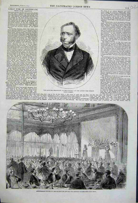 Original Old Antique Print 1861 Dinner Society Arts Crystal Palace Mr Braidwood