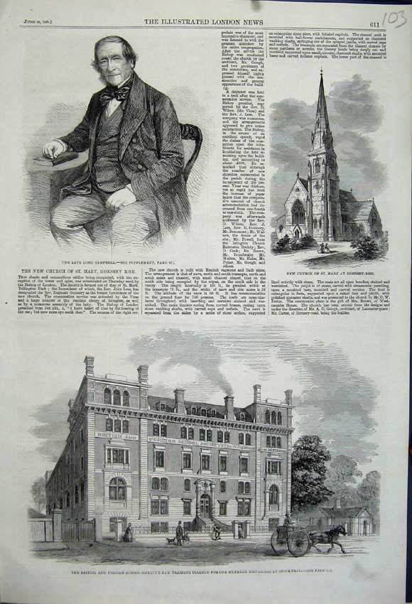 Original Old Antique Print 1861 Training College Stockwell Lord Campbell Church