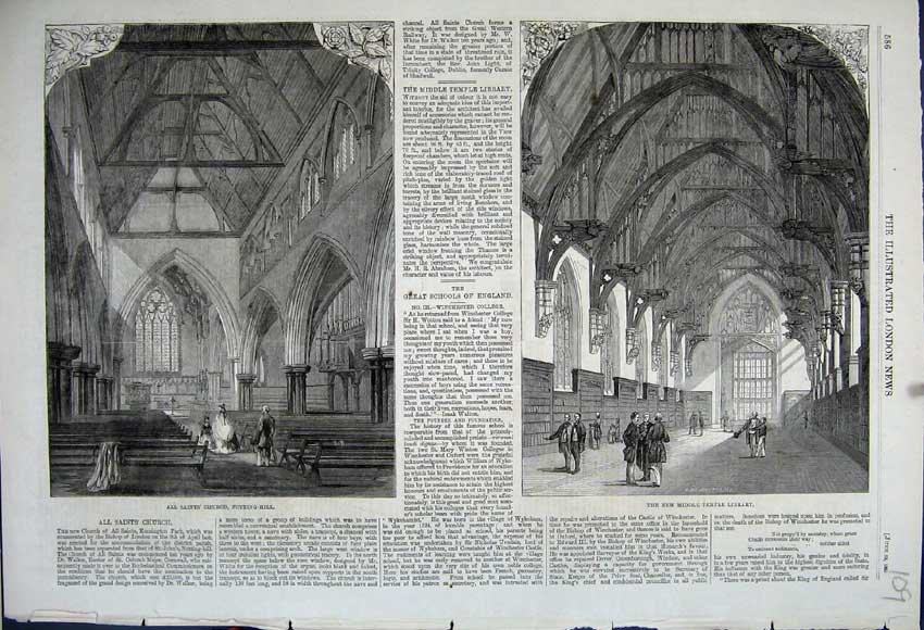 Old Antique Print 1861 Middle Temple Library Saints Church Notting-Hill 19th