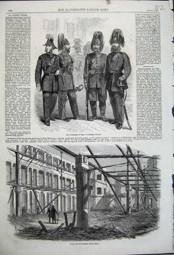 Old Antique Print 1861 Ruins Surrey Music Hall Uniform Surrey Rifles Men 19th