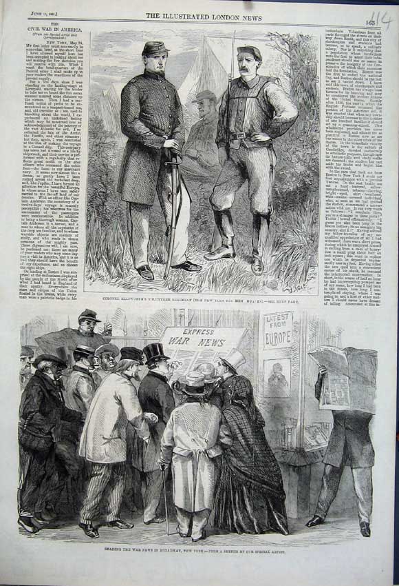 Original Old Antique Print 1861 Colonel Ellsworth War News Broadway New York