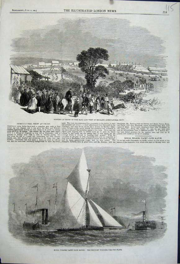 Original Old Antique Print 1861 Thames Yacht Match Truro Bath Agricultural Show