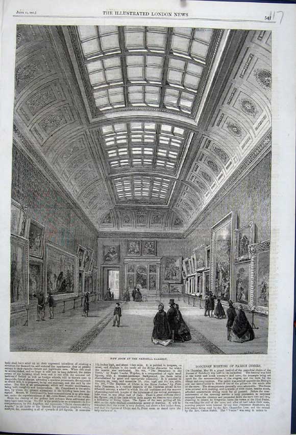 Old Antique Print 1861 Interior New Room National Gallery Paintings Art 19th