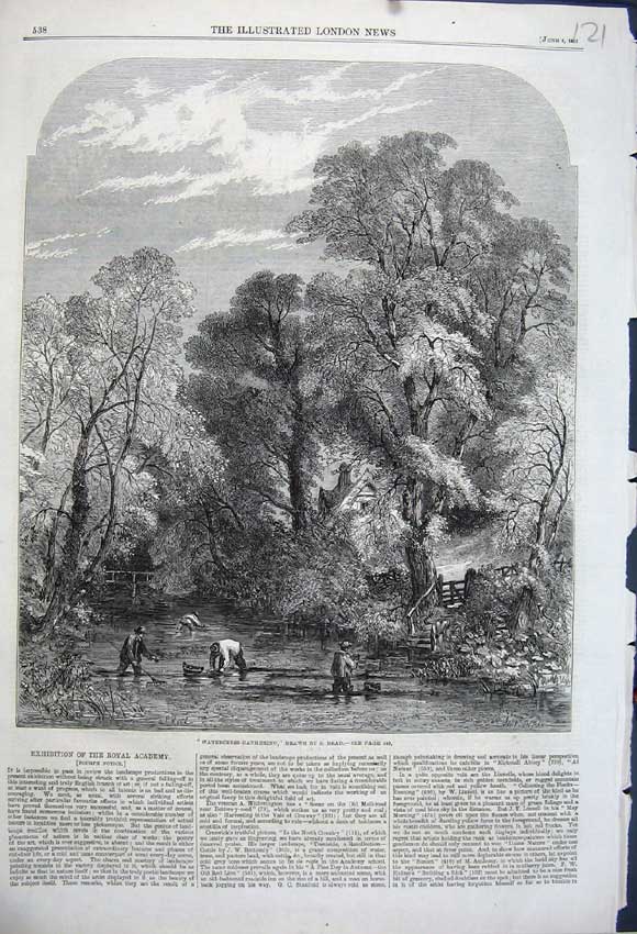 Original Old Antique Print 1861 Country Scene Watercress Gathering Lake Read