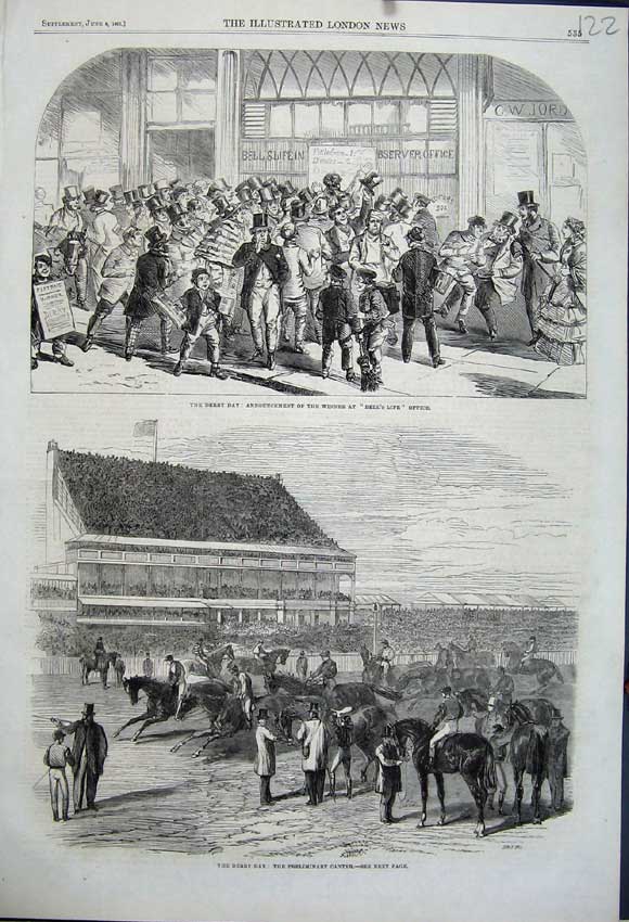 Original Old Antique Print 1861 Derby Day Horse Racing Winner Bells Life Office