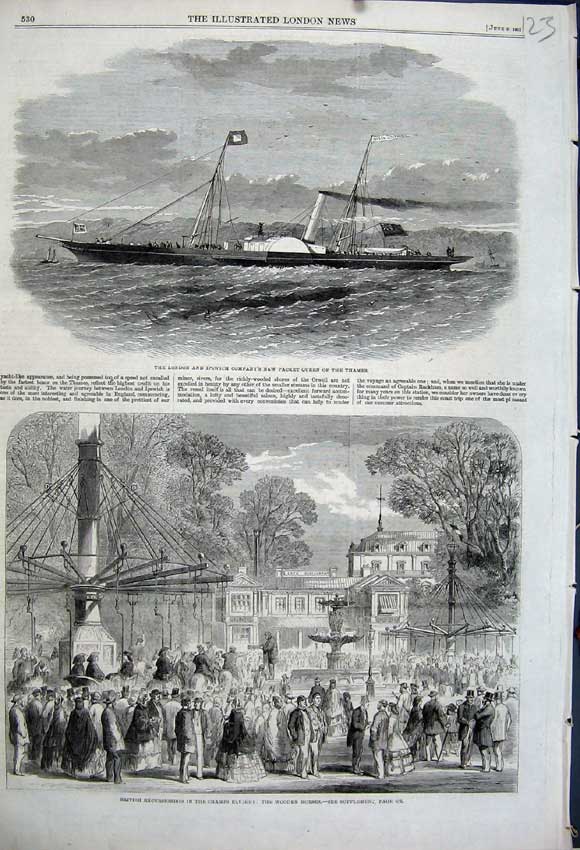 Old Antique Print 1861 British Champs Elysee Wooden Horses Packet Queen 19th