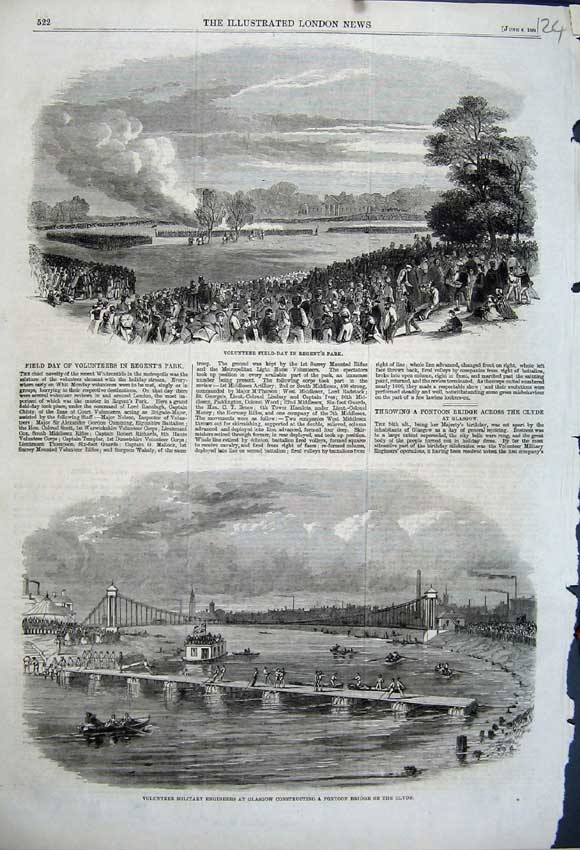 Original Old Antique Print 1861 Constructing Pontoon Bridge Clyde Regents Park