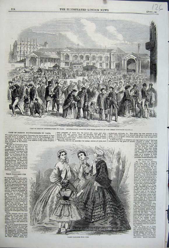 Original Old Antique Print 1861 Paris Fashion Great Northern Railway Station